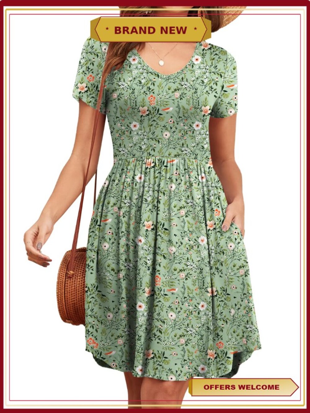 Women's Short Sleeve V Neck Swing T Shirt Dress with Pockets